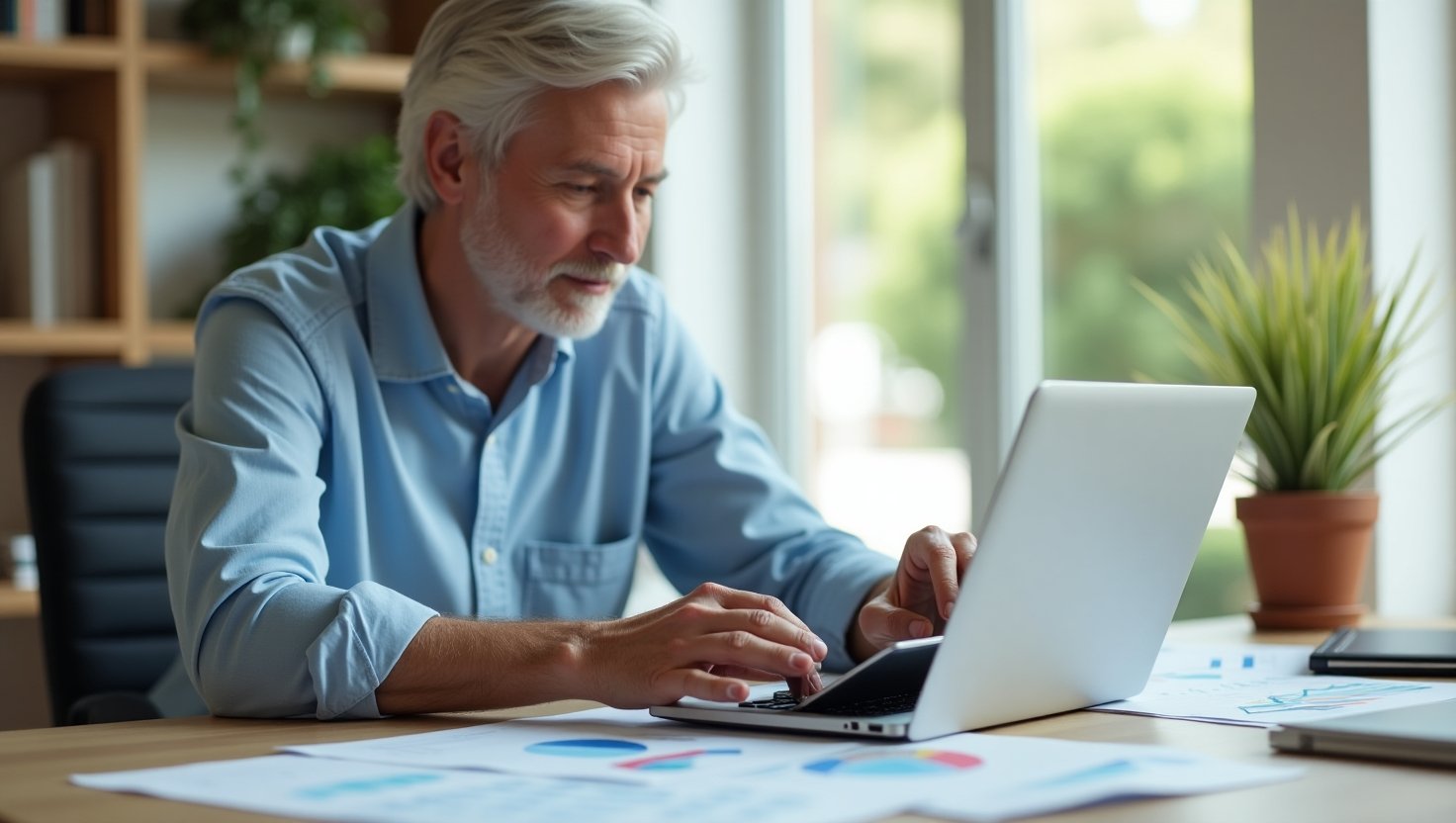Person planning retirement with a calculator and charts