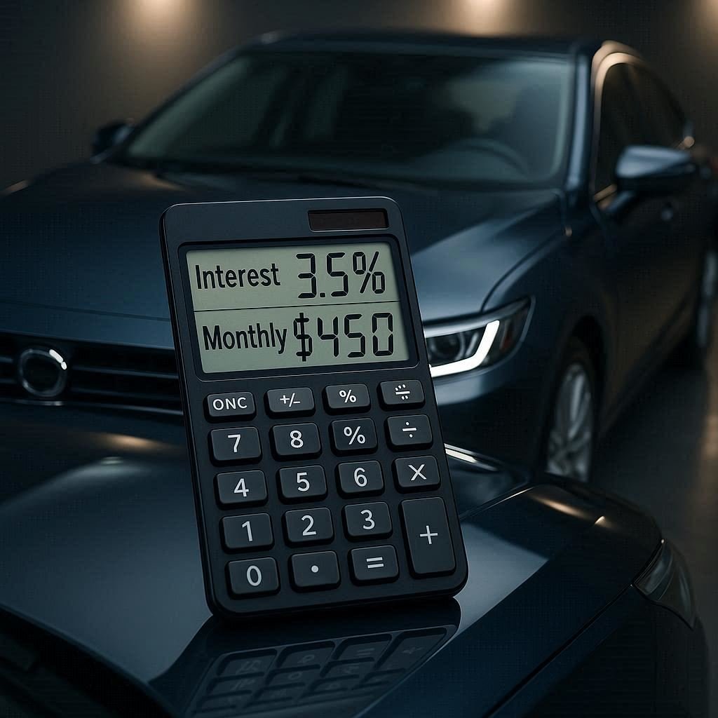 A person standing in front of a car with a loan document.