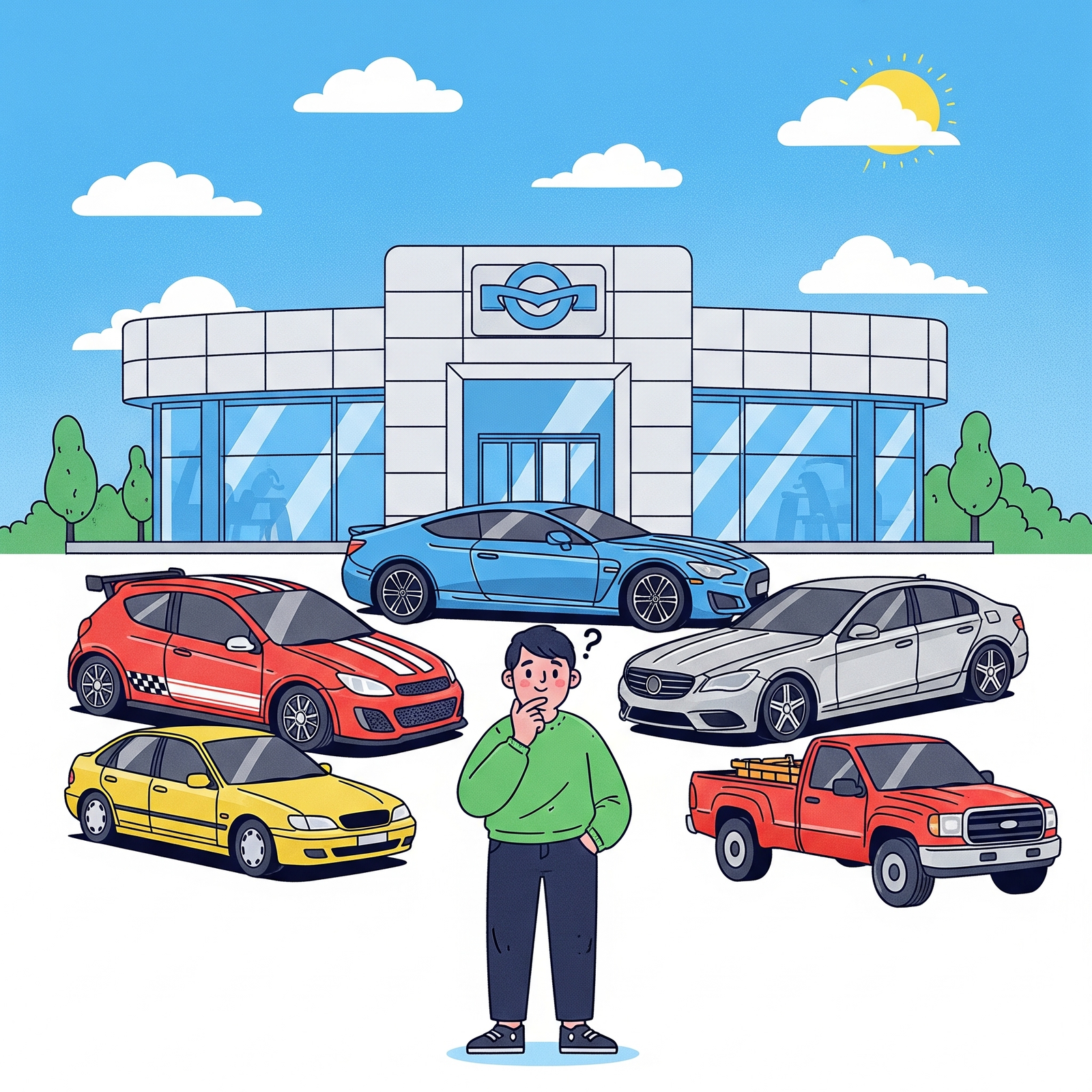 Illustration representing car buying decision with a thought bubble showing a car key