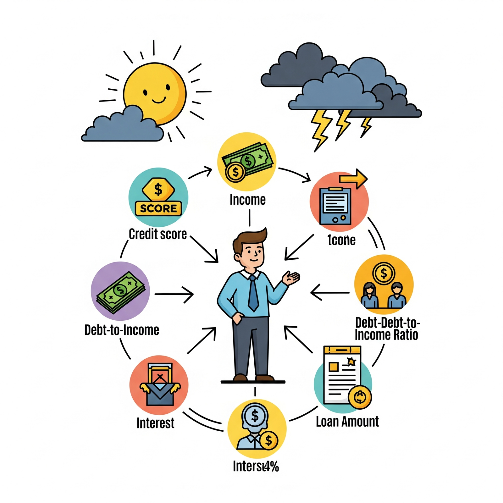Illustration representing various factors affecting a loan like money bags, interest rates, and loan terms