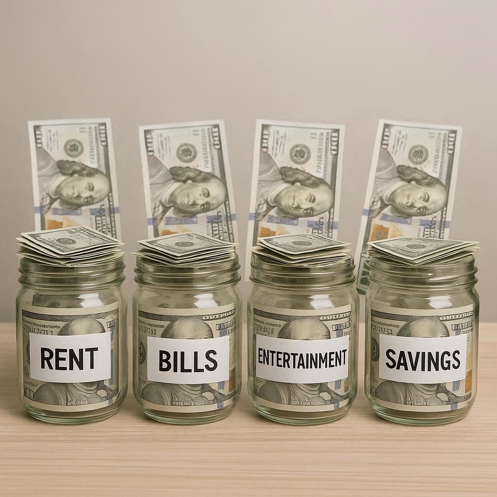 A person putting money into different labeled jars, representing a budget.