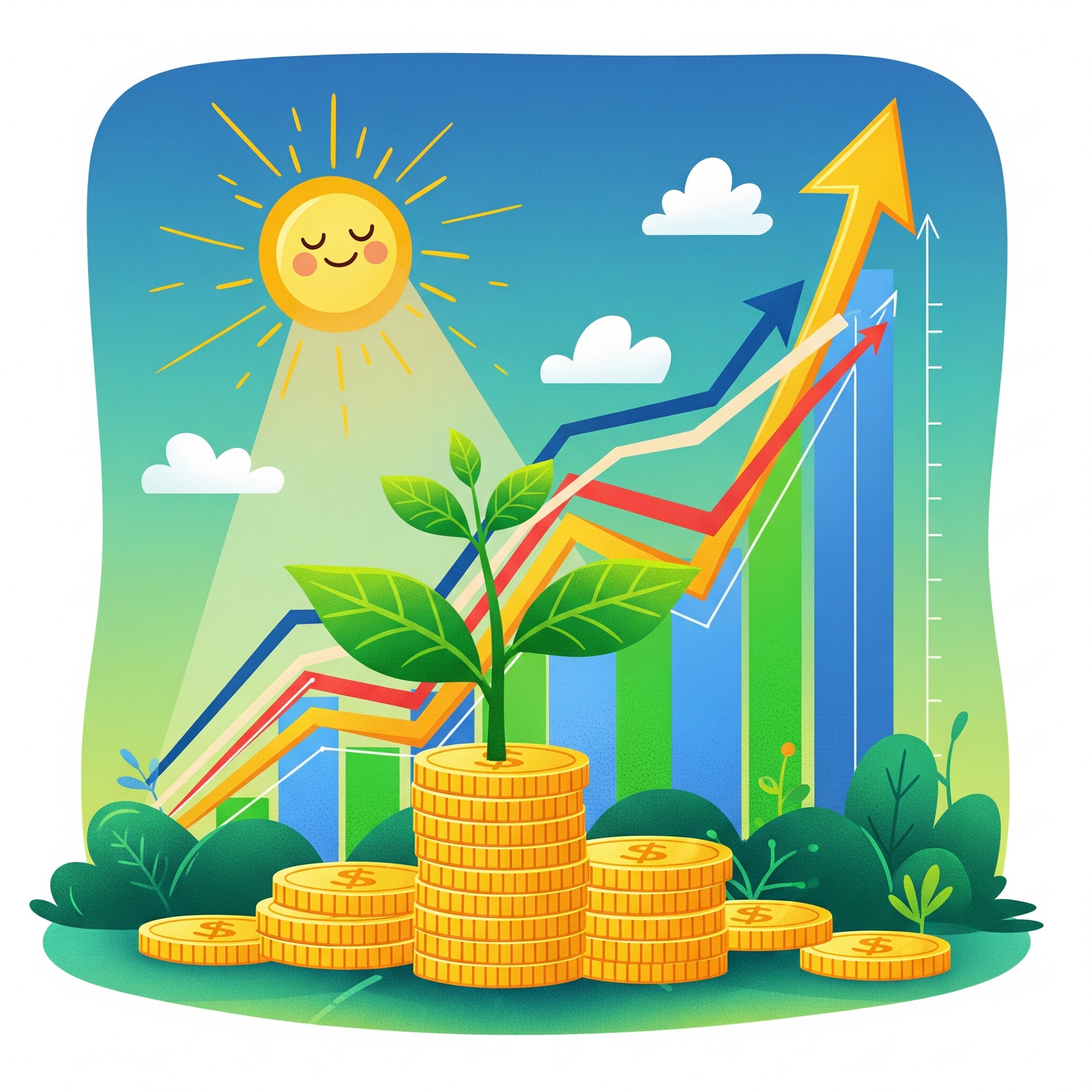 Illustration of financial growth and savings, depicting coins, graphs, or a growing plant.