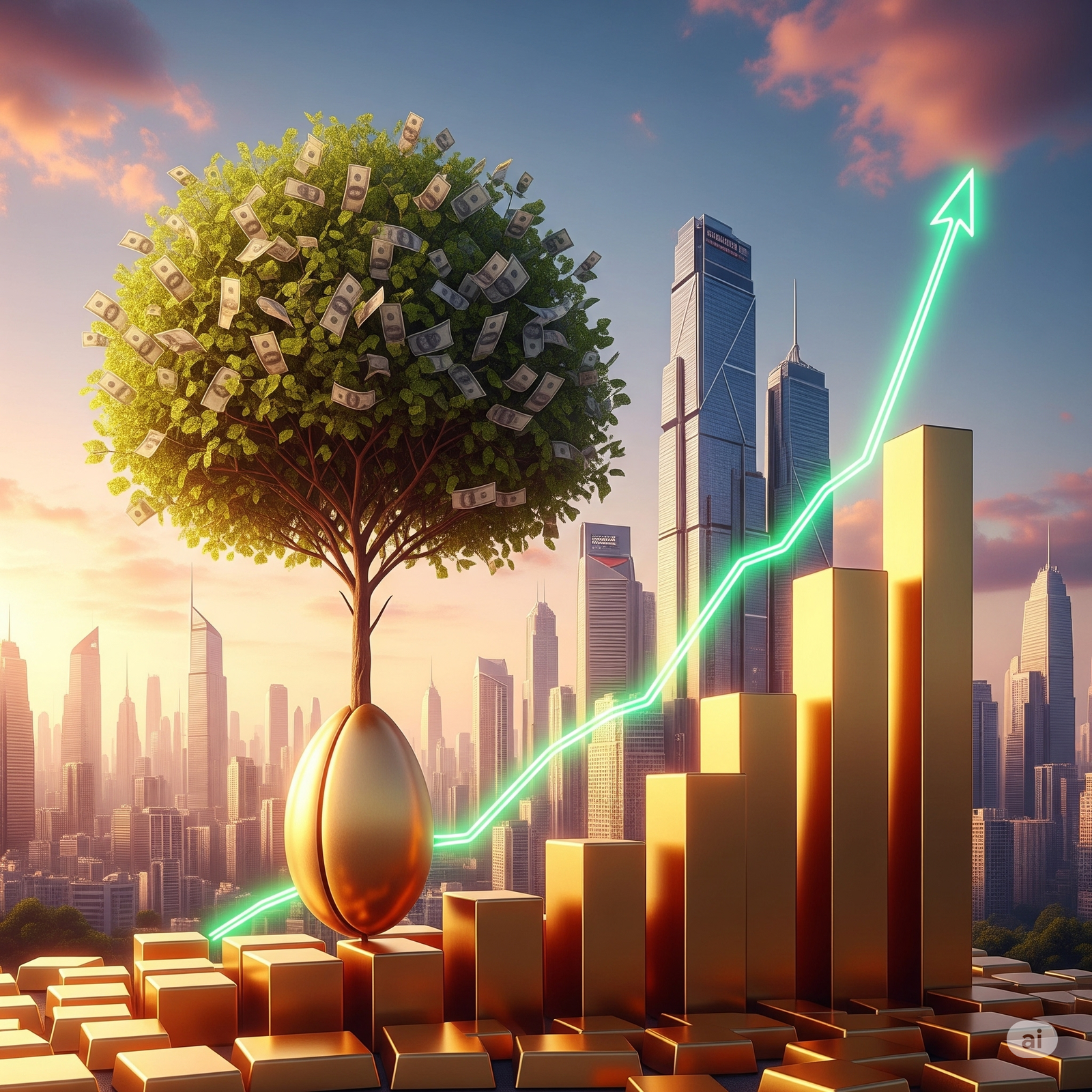 Illustration showing money growing over time with compound interest, depicted as a growing plant or a snowball getting larger.