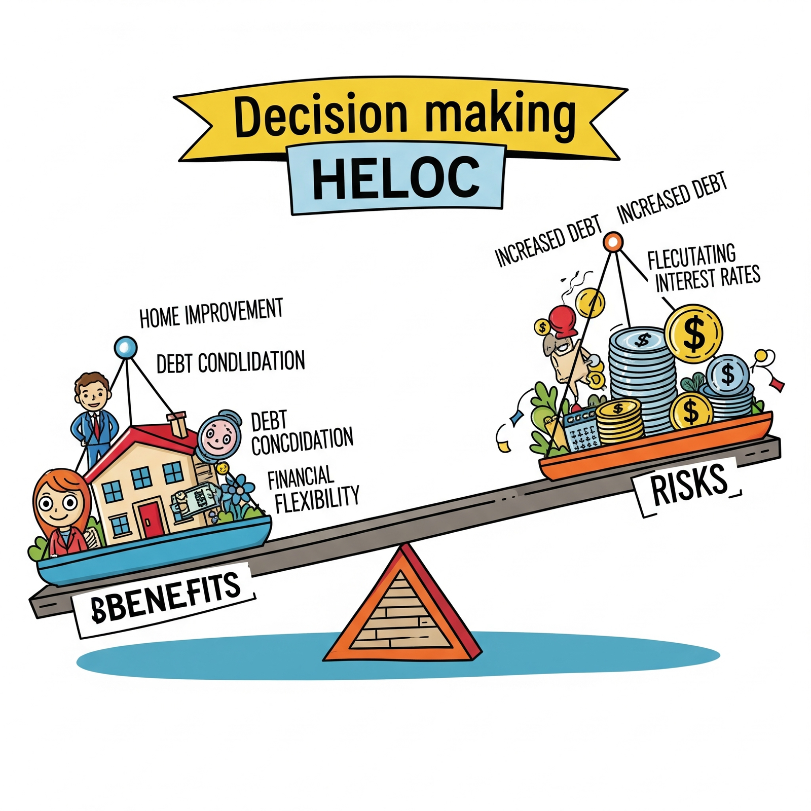 Illustration of a seesaw with 'Benefits' on one side and 'Risks' on the other, balancing a HELOC decision