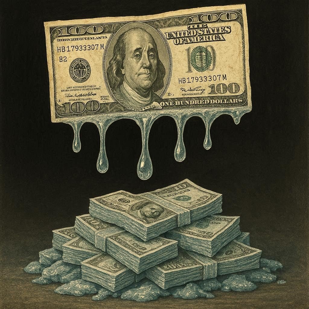 A person watching money inflate like a balloon, representing the effect of inflation.