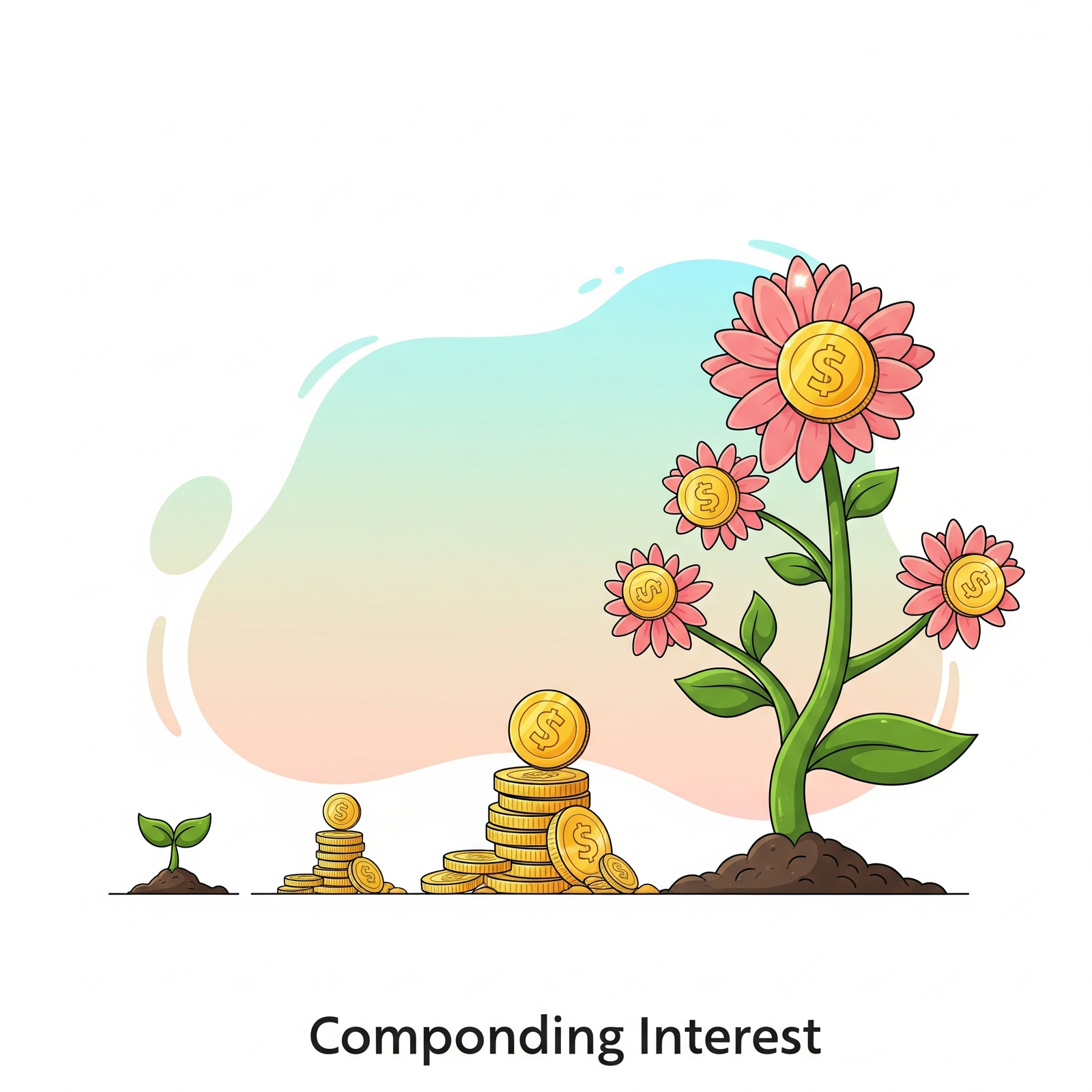 Illustration of compounding interest, showing money growing like a plant.