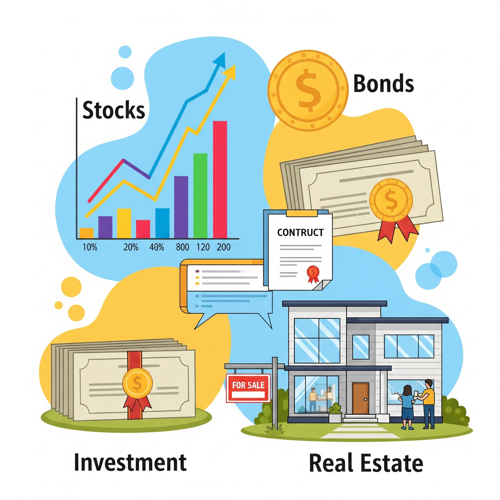 Illustration showing different types of investments like stocks, bonds, and real estate.