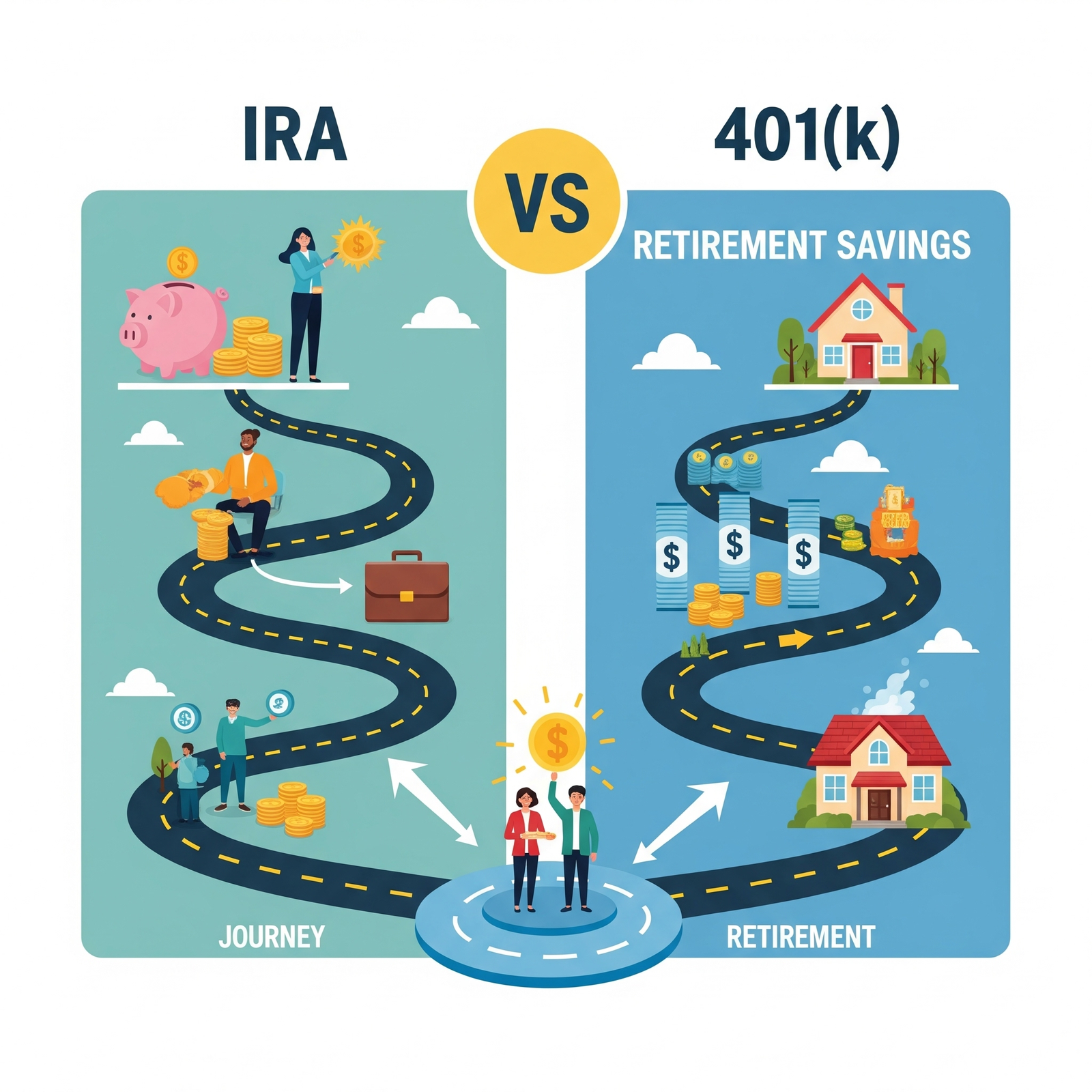 Illustration comparing IRA and 401k, showing different pathways to retirement savings.
