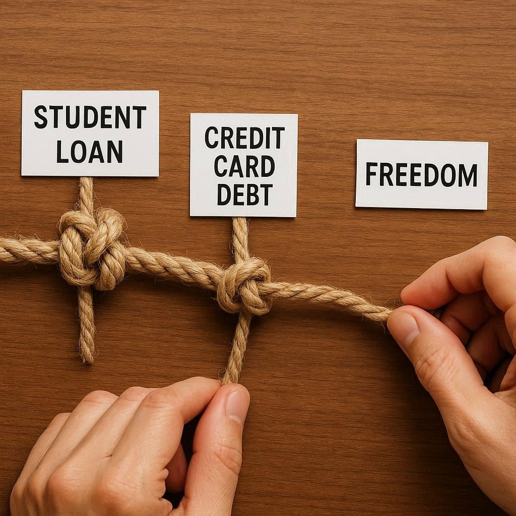 A person using a tool to pay off multiple debts.