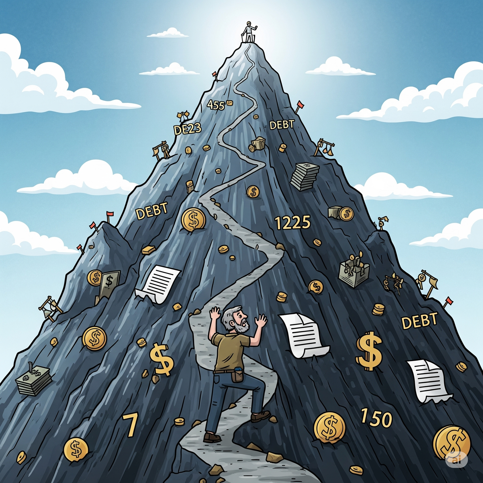 Illustration of a person climbing a mountain representing debt, with a clear path to the summit.