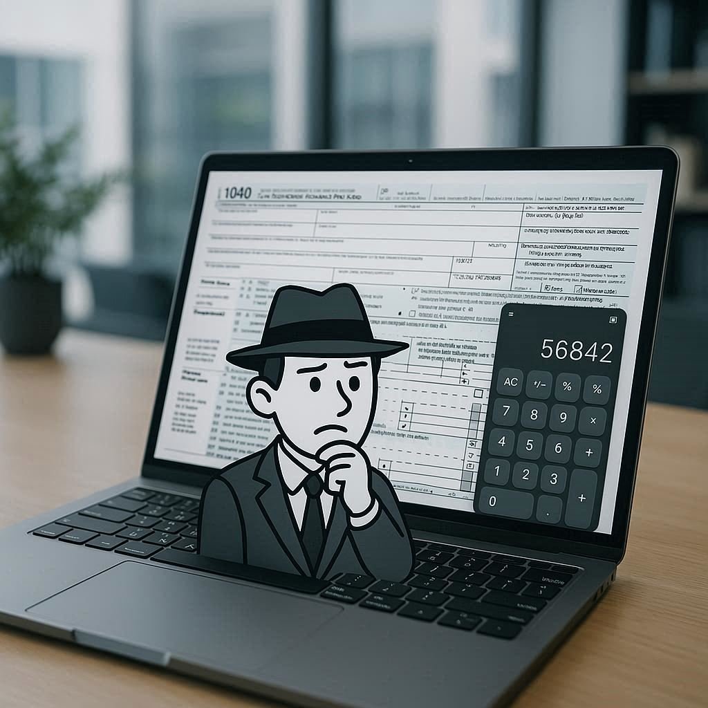 A person working on a laptop with tax forms and a calculator.