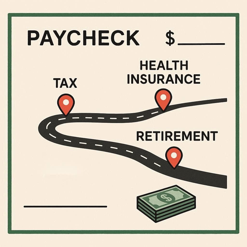 A paycheck stub with various deductions listed, next to a person counting money.